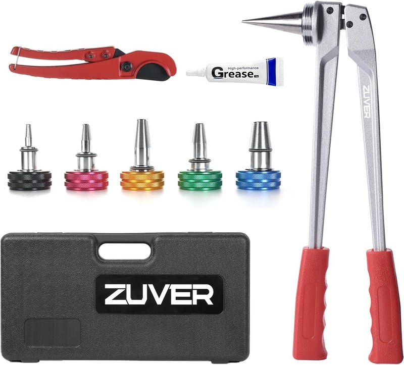 ZUVER PEX Tube Expansion Tool Kit - Manual Expander with 5 Heads - Meets ASTM F1960 Standard - Includes 3/8”, 1/2”, 5/8”, 3/4”, 1” Expansion Heads and Tube Cutting Tool - Image 1